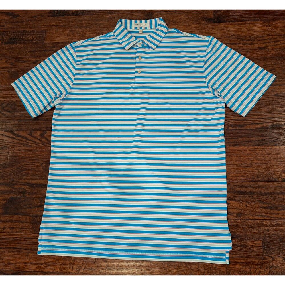 Peter Millar Summer Comfort Blue Striped Polo Shirt Men's Size Large